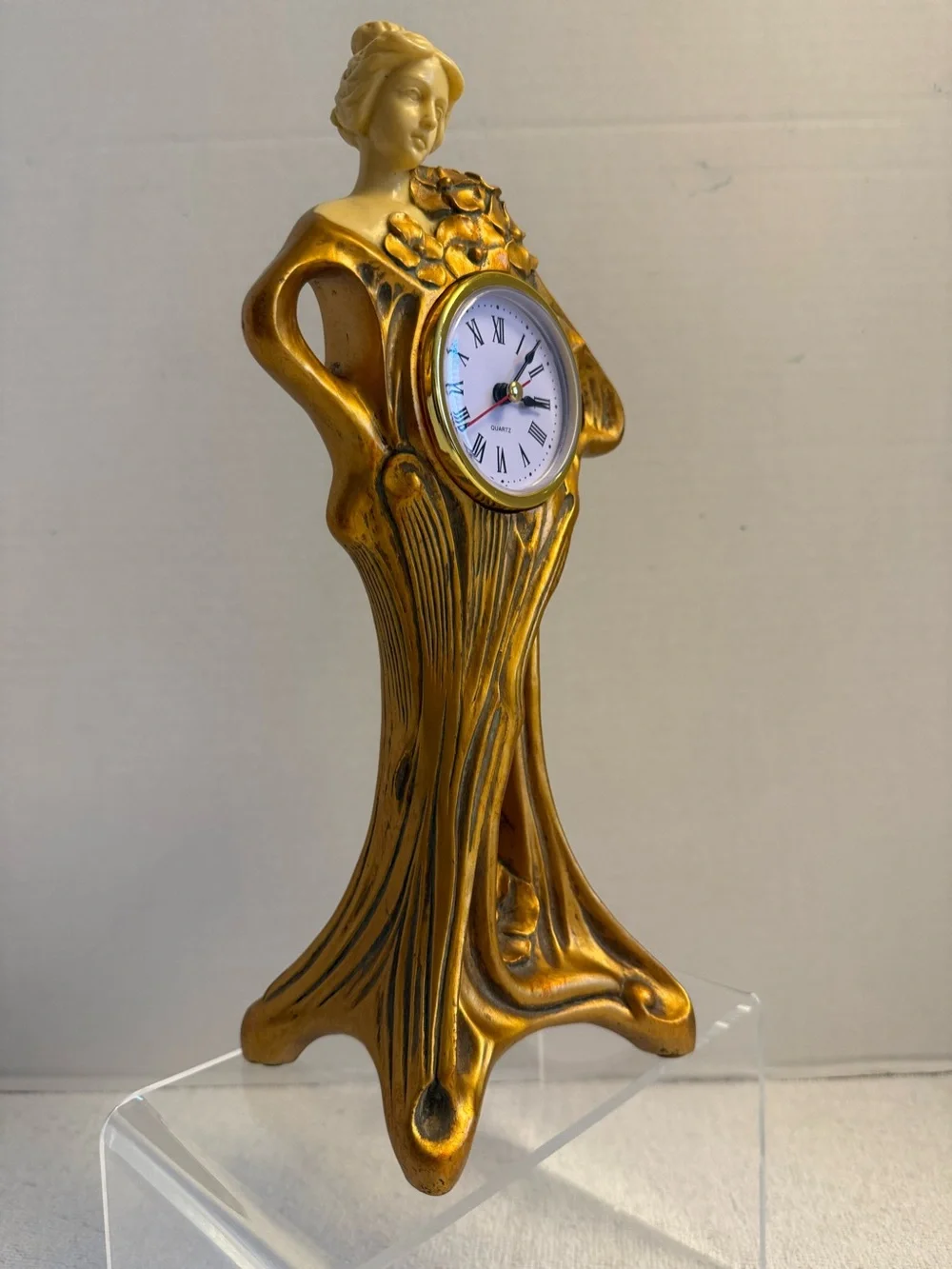 Art Nouveau Woman with Flowers Mantel Clock Poly Dragon Designed in U.K. Quartz